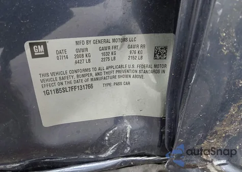 2015 Chevrolet Malibu Ls из США, поврежденный, VIN 1G11B5SL7FF131766